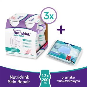 3 x Cubitan - Nutridrink Skin Repair o smaku truskawkowym 4 x 200 ml+ TENA Wet Wipes ProSkin chusteczki nawilżane x 48 szt GRATIS!!!