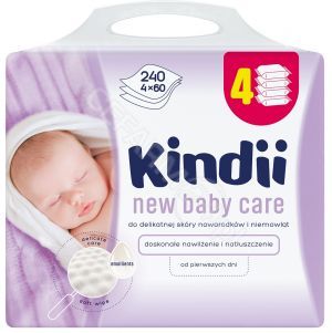 Chusteczki Kindii New Baby Care do delikatnej skóry noworodków i niemowląt  4 x 60 szt (4-pack)