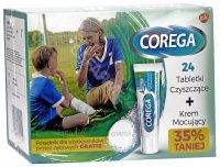 Corega promocyjny zestaw - tabletki do czyszczenia protez zębowych x 24 szt + Corega super mocny krem do protez zębowych delikatnie miętowy 40 g